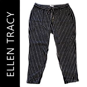 Ellen Tracy Women’s Elastic/Drawstring Pants-Black/White Stripe Linen Blend